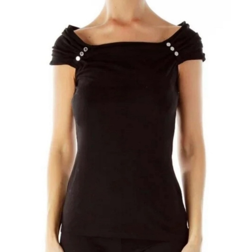 White House Black Market Black Cap Sleeve T-Shirt With Decorative Buttons Size M - Picture 2 of 7